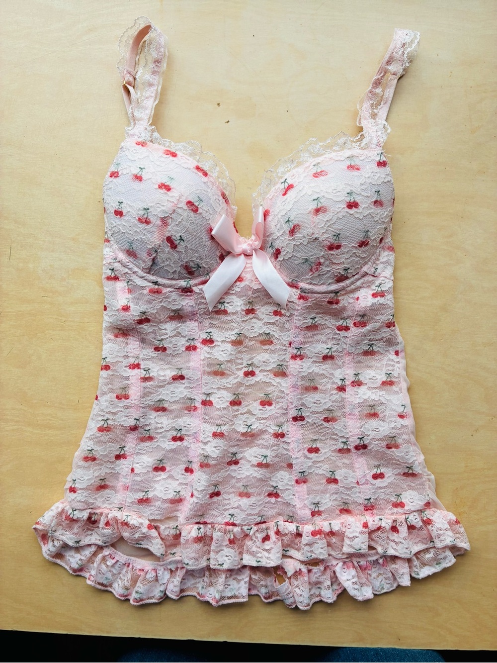 Pink Lace Cherry-Print Babydoll Chemise with Bow